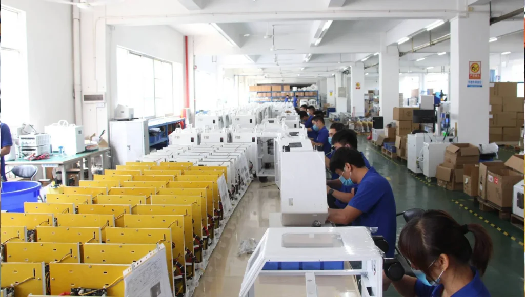 Workshop overview with equipment assembly workstations