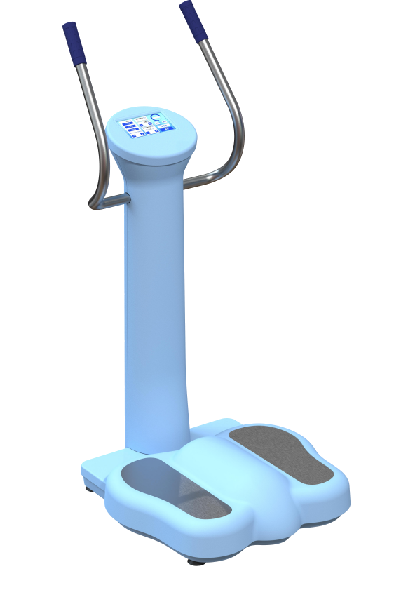 Blue ZHQ-MD01 whole body vibration machine with dual handrails, foot contact surfaces and touchscreen